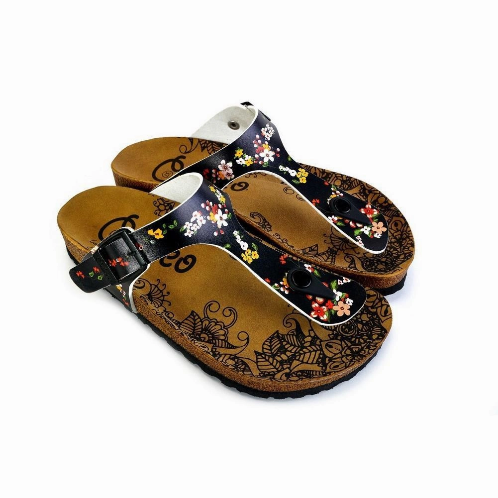 High Heels Ripped Jeans Black and Colored Flowers Patterned Sandal - CAL526