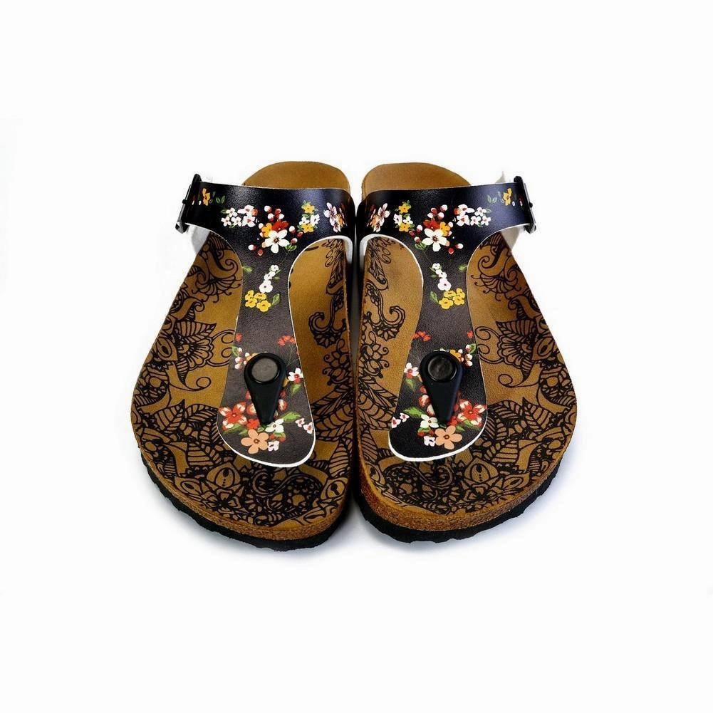 Leather Boots Knee High Low Heel Black and Colored Flowers Patterned Sandal - CAL526
