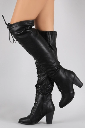 High Heels For With Bunions Almond Toe Lace Up Stacked Heeled Over-The-Knee Boots