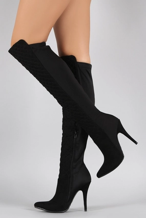 Anne Michelle Suede Quilted Lycra Pointy Toe Stiletto Boots High Heeled Lace Up Booties