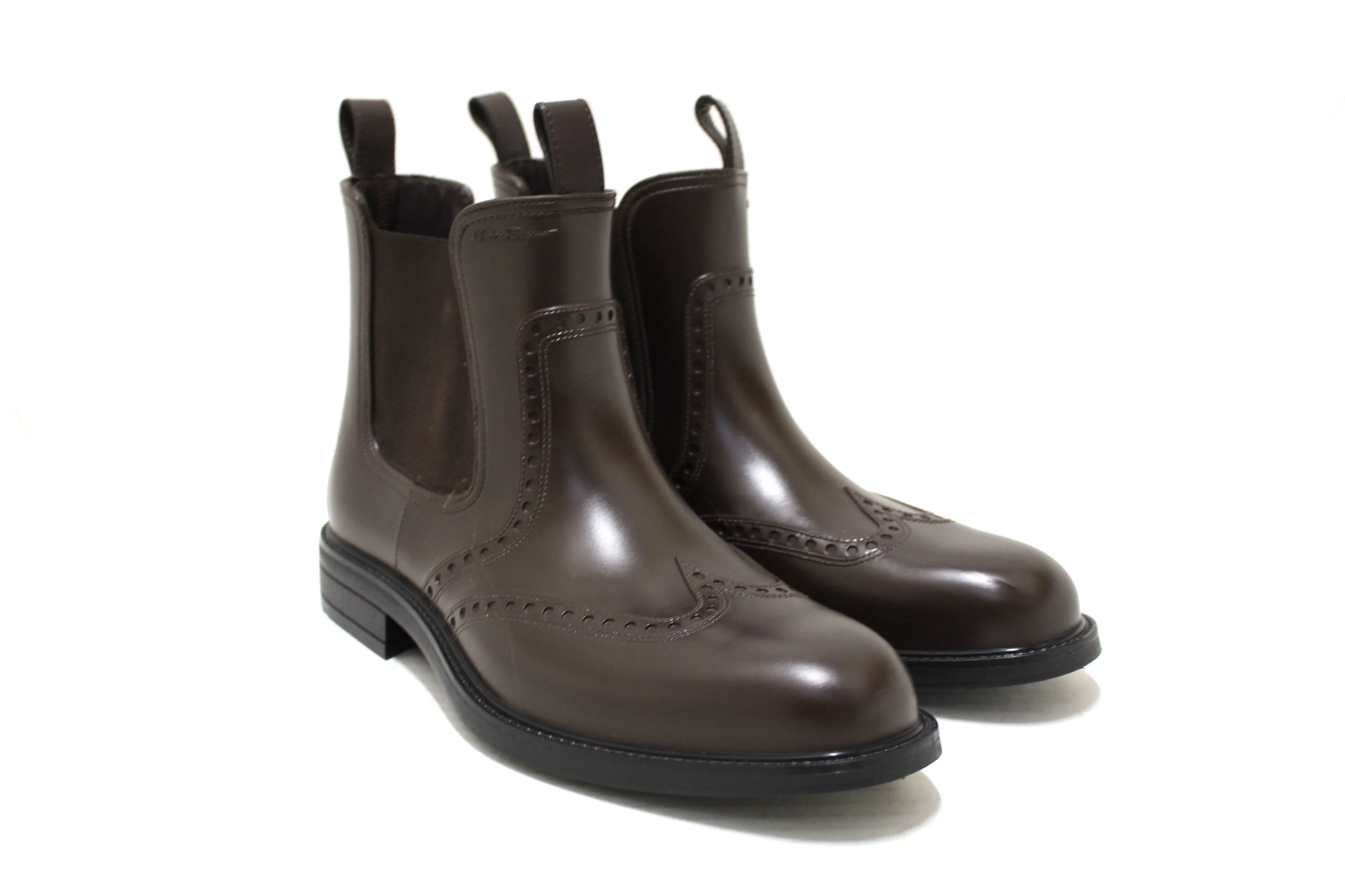 Authentic Salvatore Ferragamo Men's Chestnut Rubber Wingtip Brown Boots Size 7 Beckett Boots