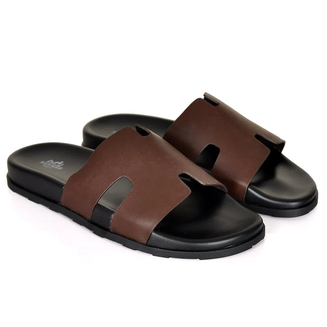 Mink Slides Herm Paris Izmir Lightweight Plain Leather Slippers- Coffee