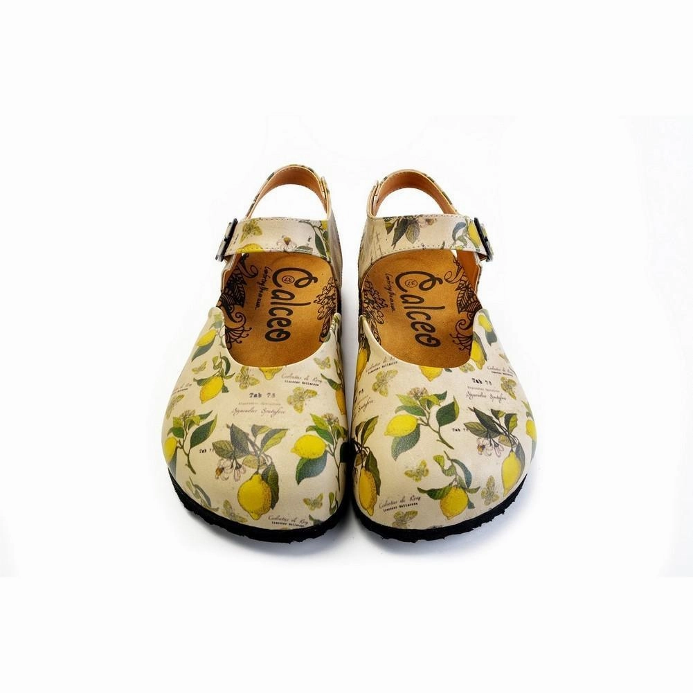 Bplaka High Heels Beige, Green Leaf and Yellow Lemon Patterned and Yellow Butterflys Clogs - CAL1606