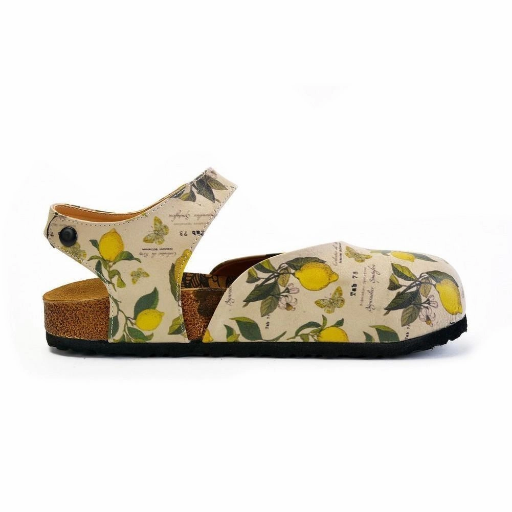 Gold Shoes Heels Beige, Green Leaf and Yellow Lemon Patterned and Yellow Butterflys Clogs - CAL1606