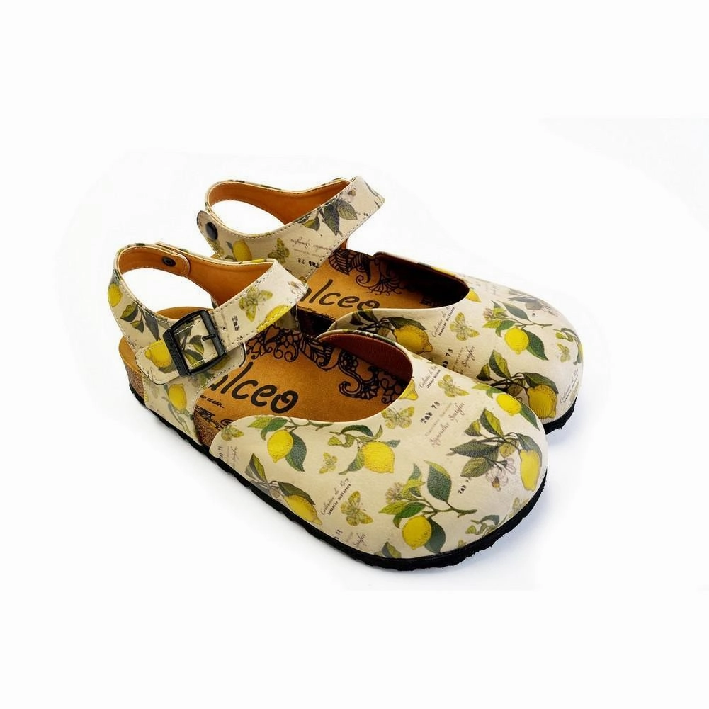 Business Casual High Heels Beige, Green Leaf and Yellow Lemon Patterned and Yellow Butterflys Clogs - CAL1606