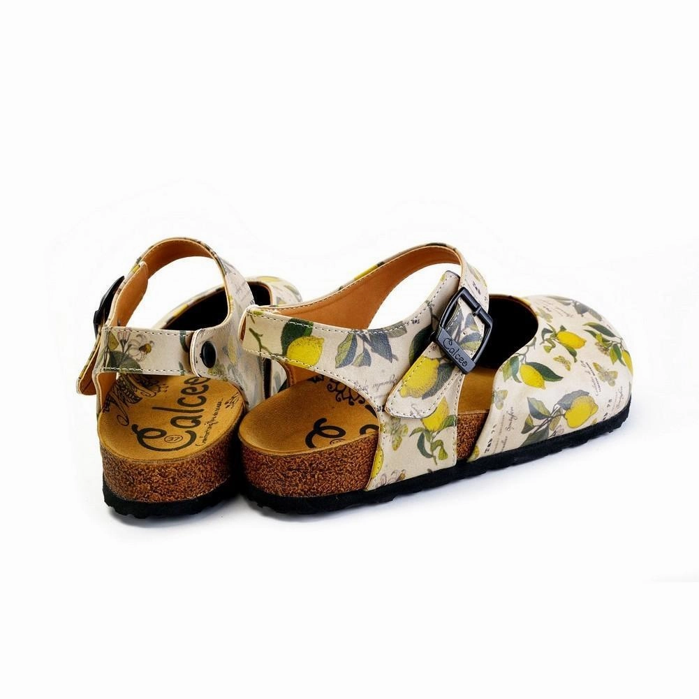 Open Toe High Heels Beige, Green Leaf and Yellow Lemon Patterned and Yellow Butterflys Clogs - CAL1606