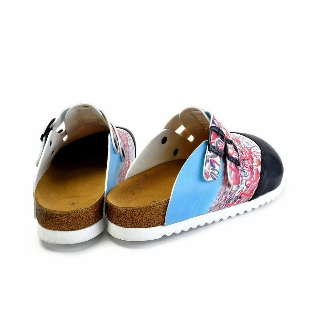 Beautiful Woman In High Heels Black and White, Blue Storks Patterned Clogs - CAL1701