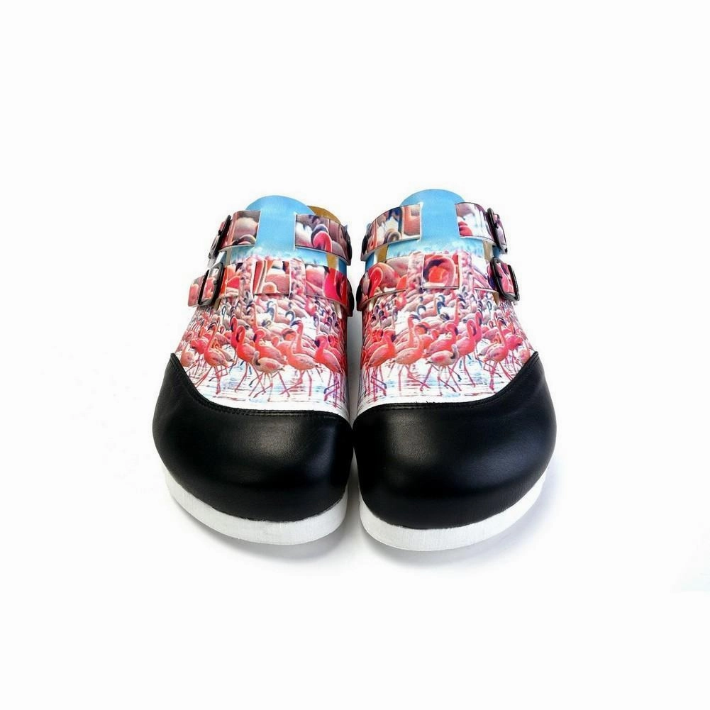 High Heels On Sale Black and White, Blue Storks Patterned Clogs - CAL1701