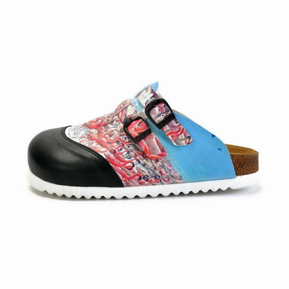 Black and White, Blue Storks Patterned Clogs - CAL1701 High Heels Size 14