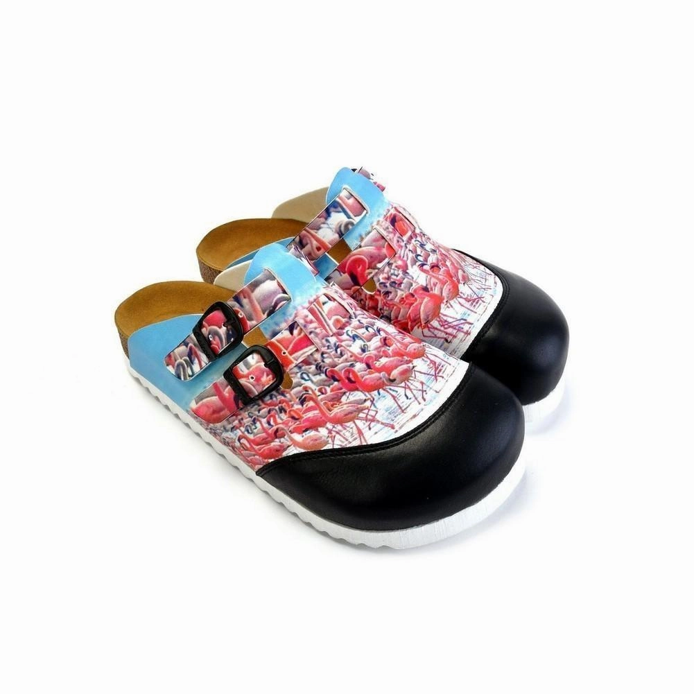 Black and White, Blue Storks Patterned Clogs - CAL1701 High Heels From