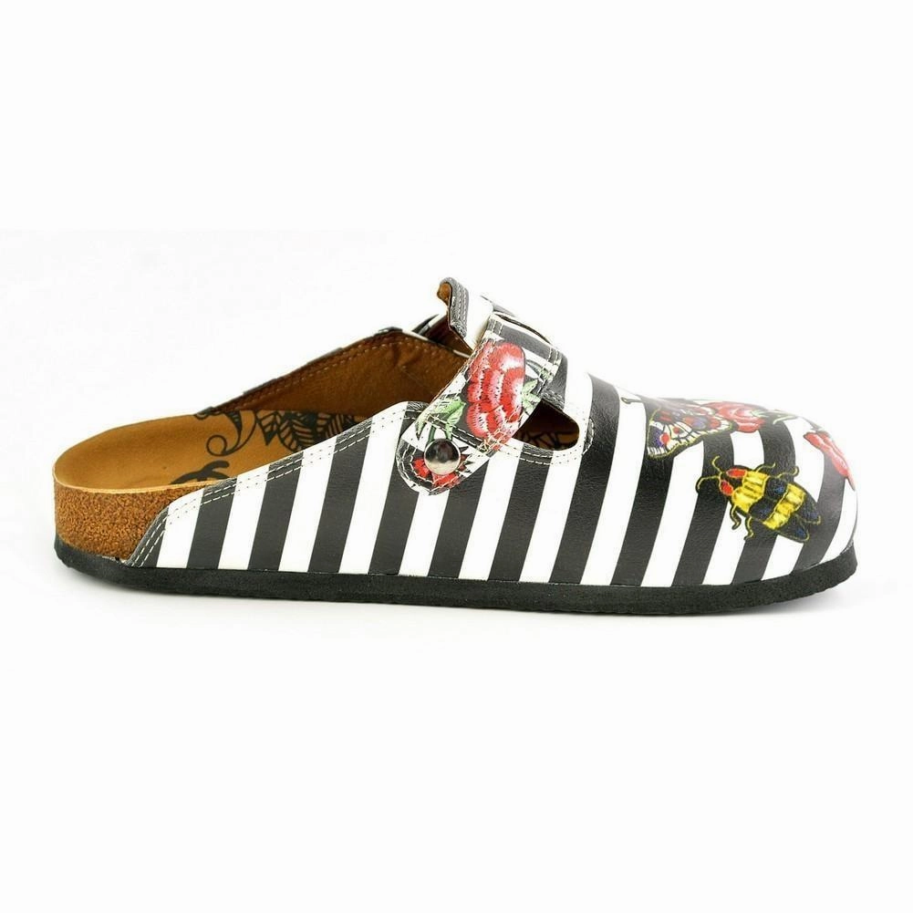 Black and White Straight Striped, Black Butterfly and Red Flowers Patterned Clogs - WCAL363 Small Heel High Heels