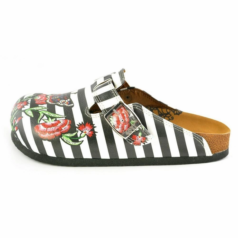 Black and White Straight Striped, Black Butterfly and Red Flowers Patterned Clogs - WCAL363 Western Boots With Heel