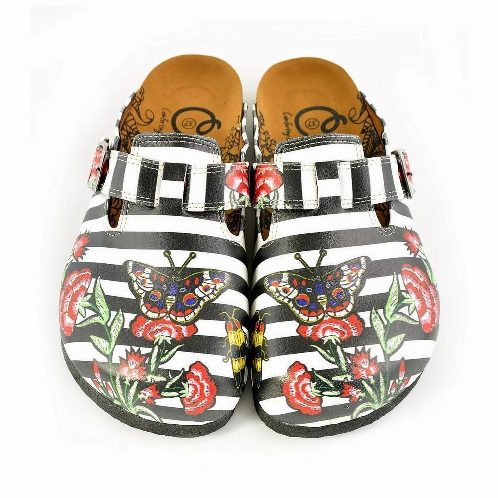 High Heel Designer Shoes Black and White Straight Striped, Black Butterfly and Red Flowers Patterned Clogs - WCAL363