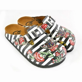 Black and White Straight Striped, Black Butterfly and Red Flowers Patterned Clogs - WCAL363 High Heel Anatomy