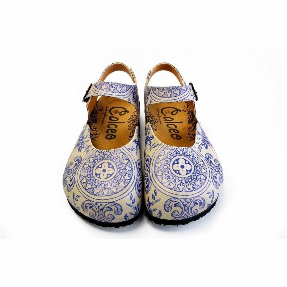 Blue and Beige Flowers Patterned Clogs - CAL1603 Heels For Work