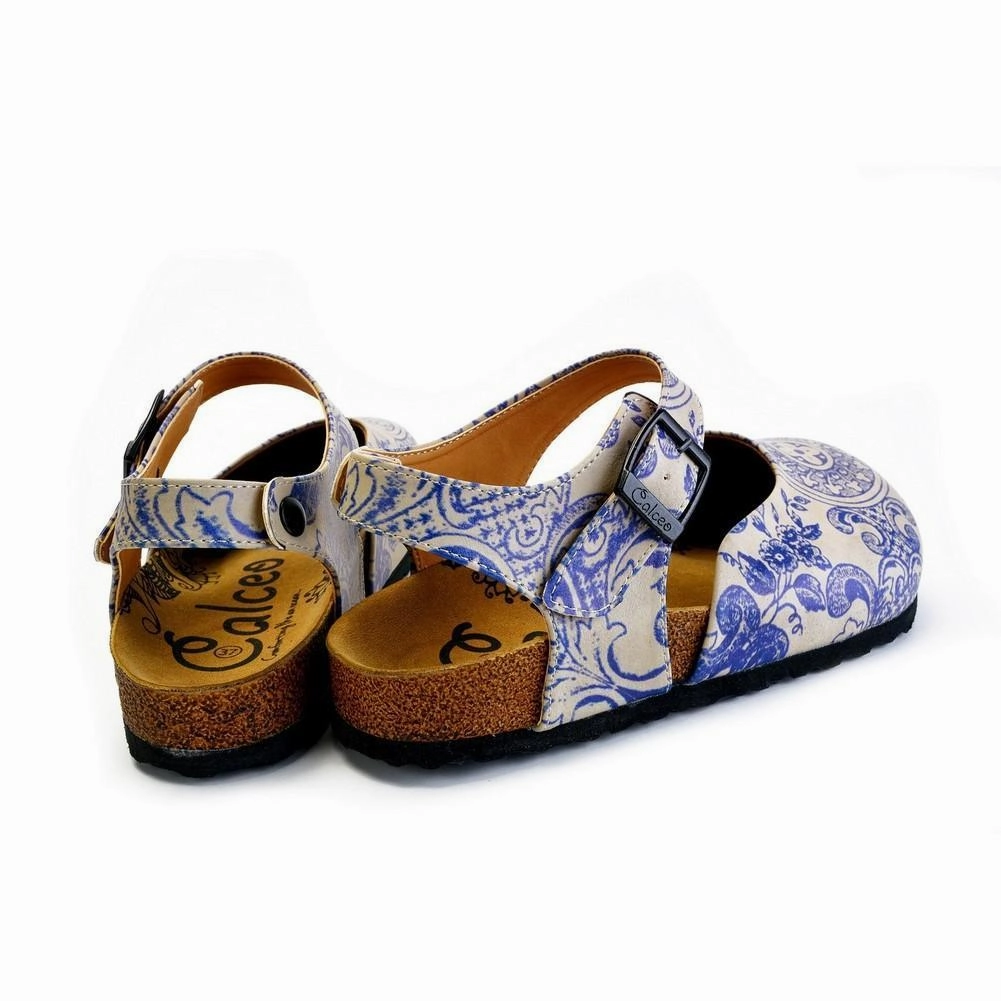 Blue and Beige Flowers Patterned Clogs - CAL1603 High Heel Racing