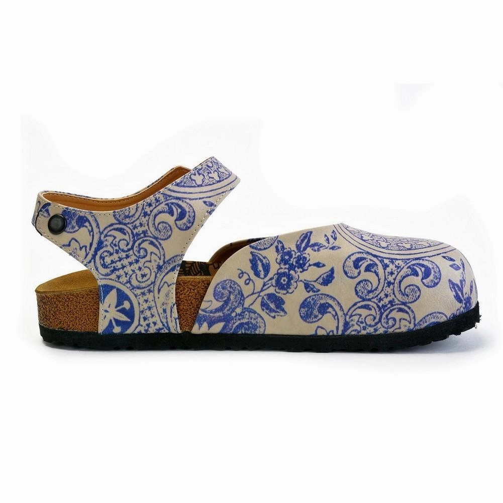 Blue and Beige Flowers Patterned Clogs - CAL1603 High Heels With Heel