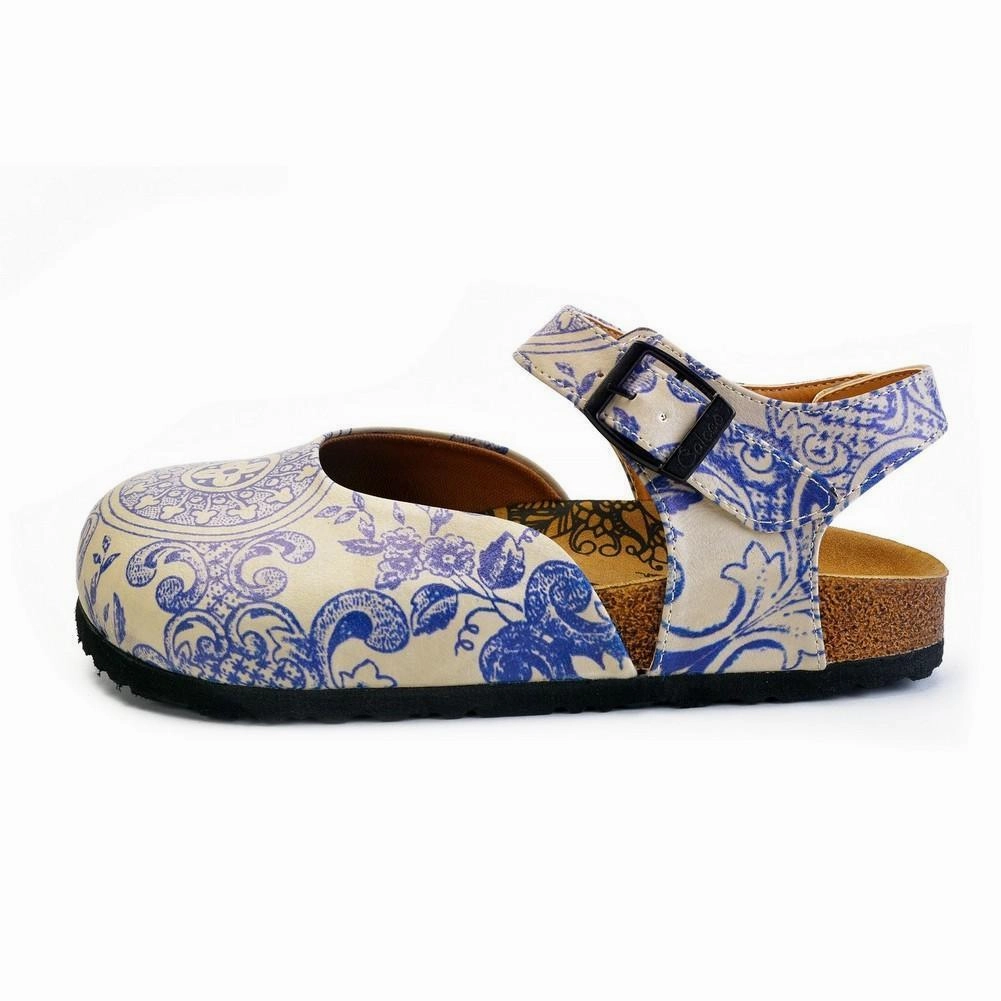 High Heel Parfume Blue and Beige Flowers Patterned Clogs - CAL1603
