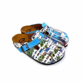 Blue and White Colored, Home Patterned Clogs - WCAL367 High Heel Shoe Storage