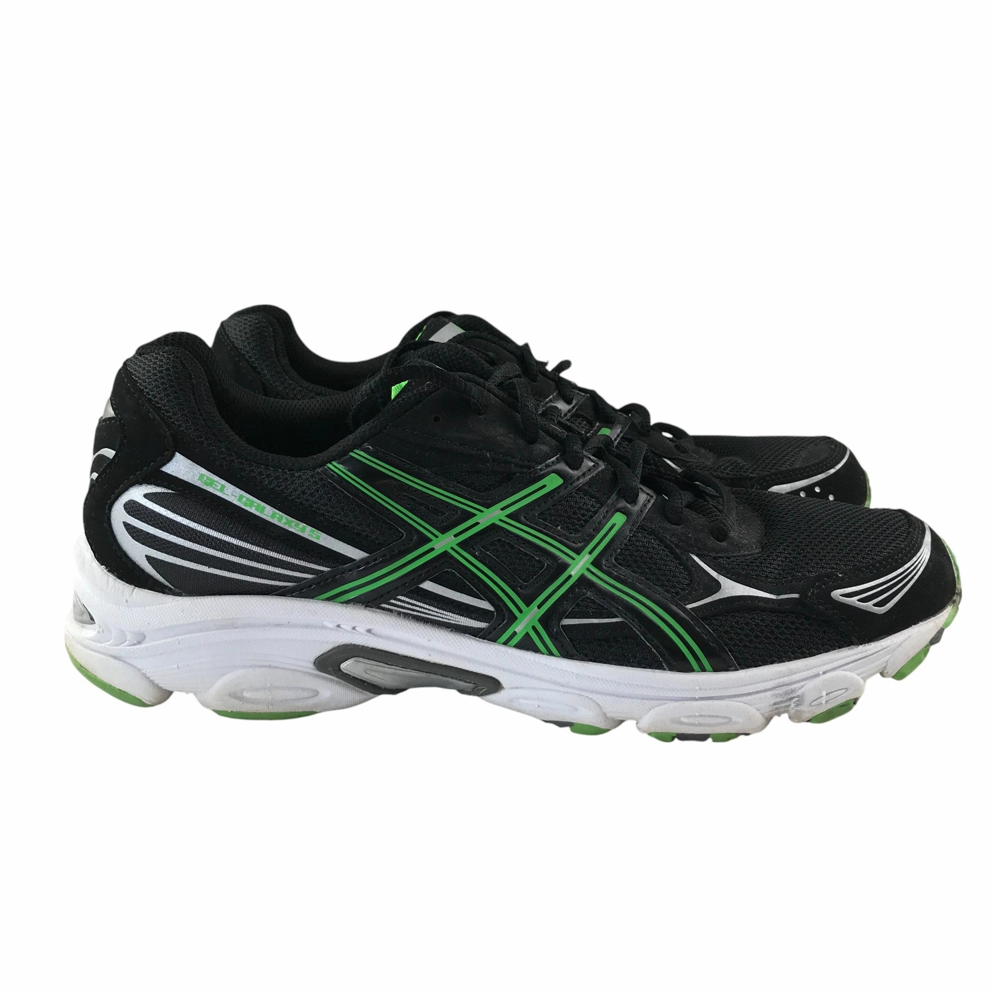 Asics trainers shoe size UK 10.5 black white soles and green detailing Asics Running Shoes Older Models