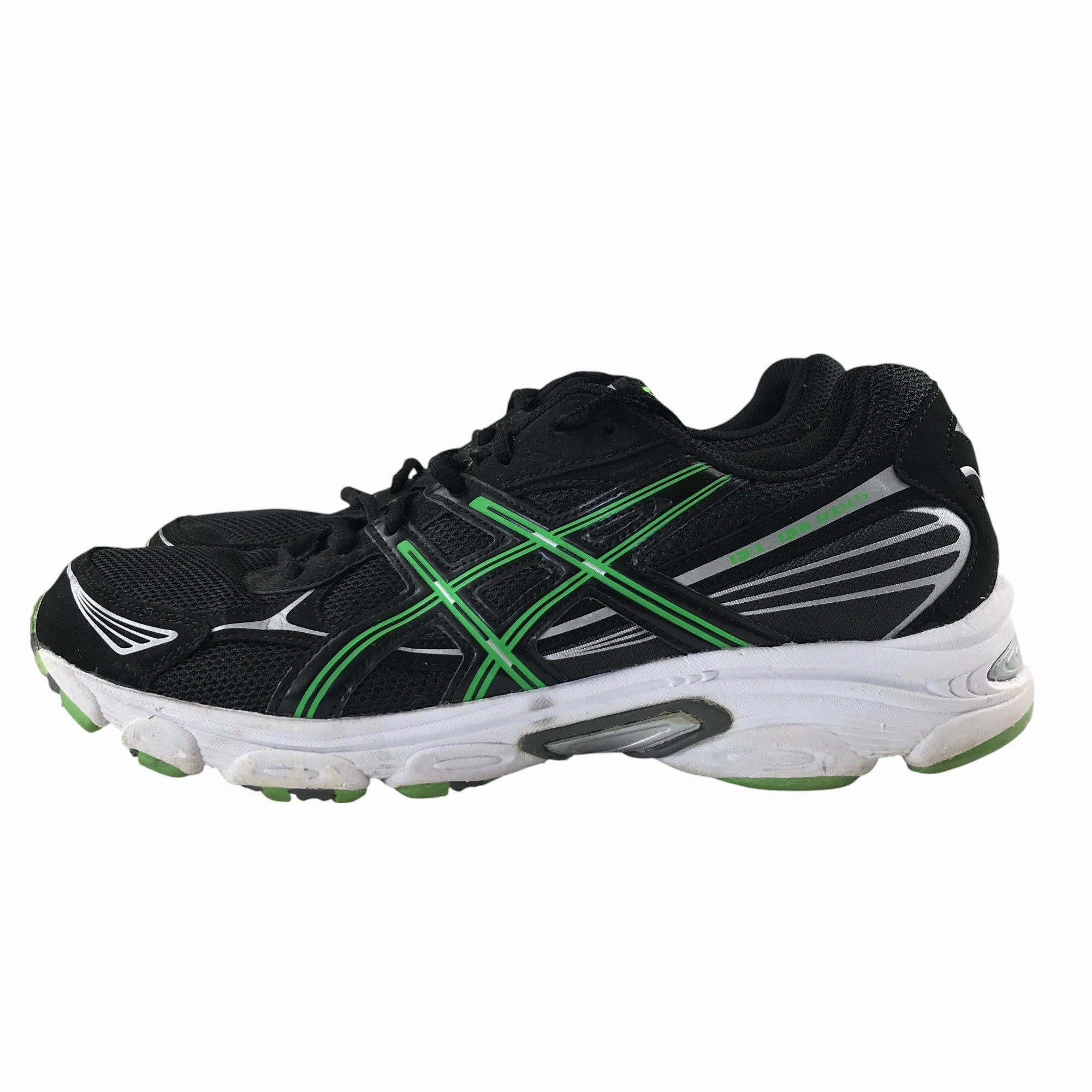 Asics trainers shoe size UK 10.5 black white soles and green detailing Gt 1000 5 Running Shoe By Asics
