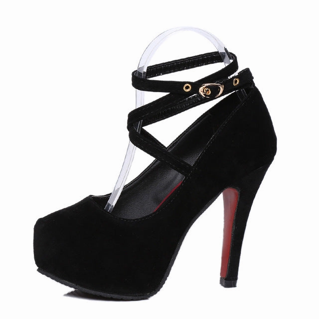 Shoes High Heels Suede ladies shoes Big 42 High Heels With Ankle Strap