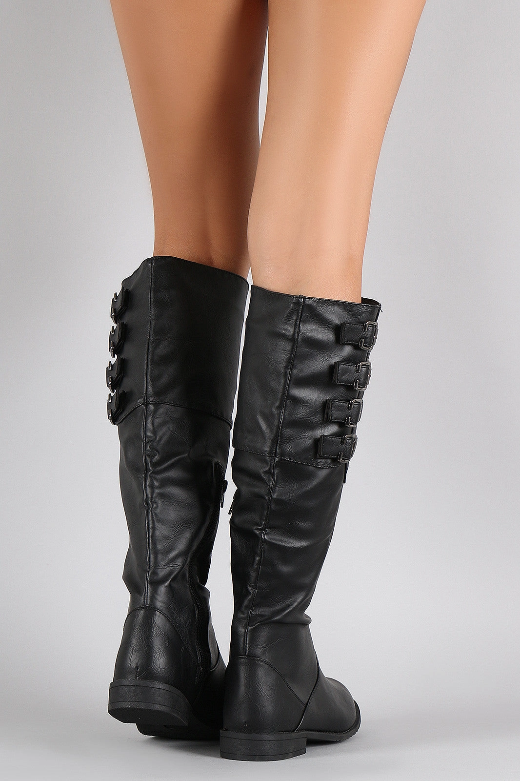 Military Boots Heel Buckled Round Toe Riding Knee High Boots
