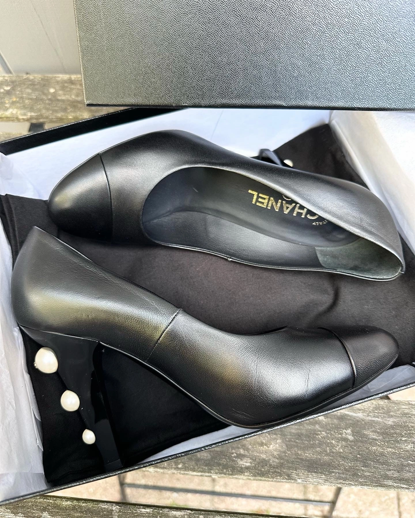 CHANEL Pearl Embellished Lambskin Leather High Heel Pumps Wedge Heel High Top Sneakers