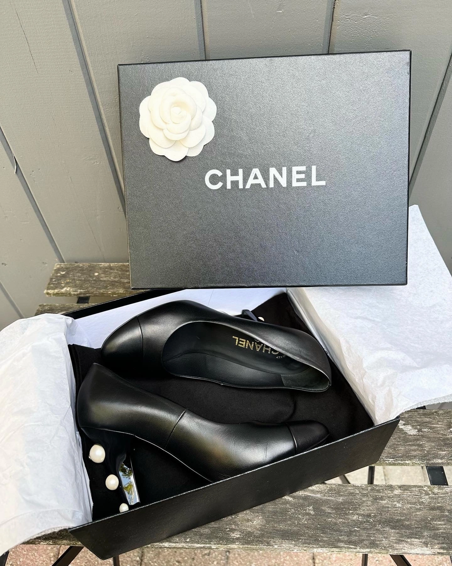 CHANEL Pearl Embellished Lambskin Leather High Heel Pumps High Heels Wedges Sandals