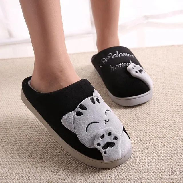 Women Winter Home Slippers Cartoon Cat Shoes Non-slip Soft Winter Warm House Slippers Indoor Bedroom Lovers Couples Floor Shoes Heat Warming Slippers