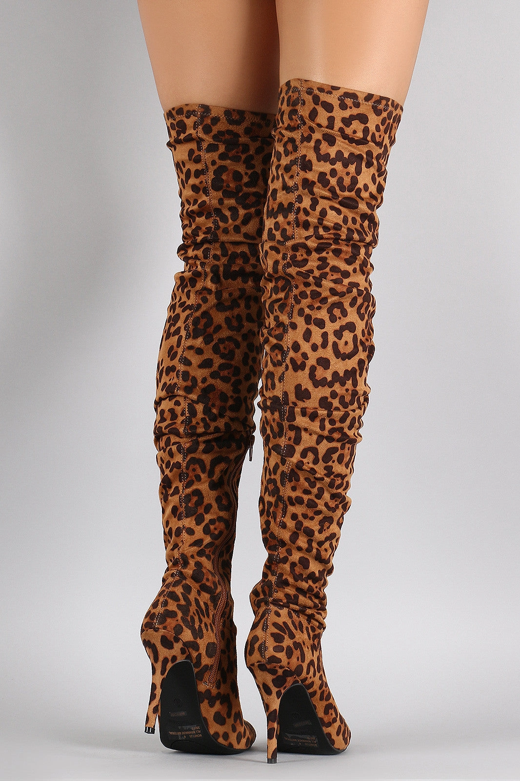 Anne Michelle Leopard Slouchy Pointy Toe Over-The-Knee Stiletto Boots 2 Strap High Heels