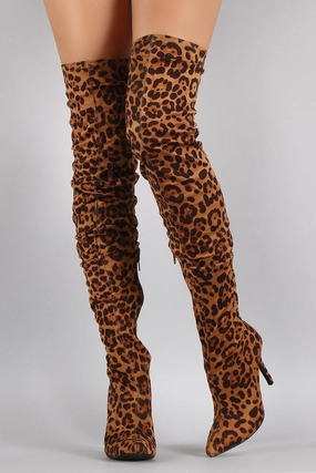 Anne Michelle Leopard Slouchy Pointy Toe Over-The-Knee Stiletto Boots High Heels Fishnets