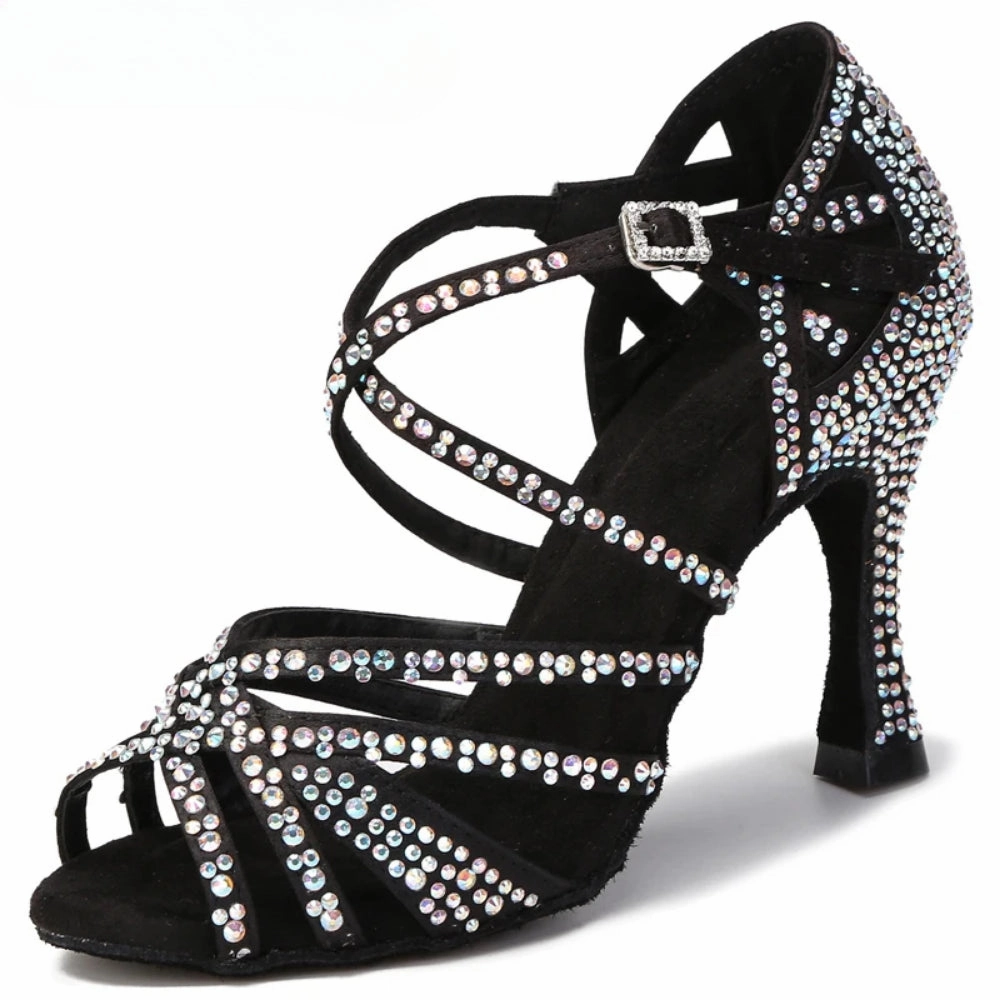Rhinestone Latin Dance Shoes Women - Satin Lace-Up Soft Sole with Mid & High Heels