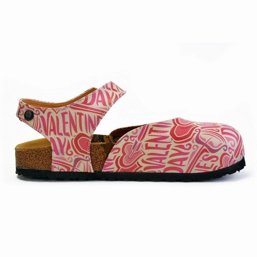 Beige and Red Color, Heart Patterned, Valentines Day Written Patterned Clogs - CAL1605 Ballerina High Heels