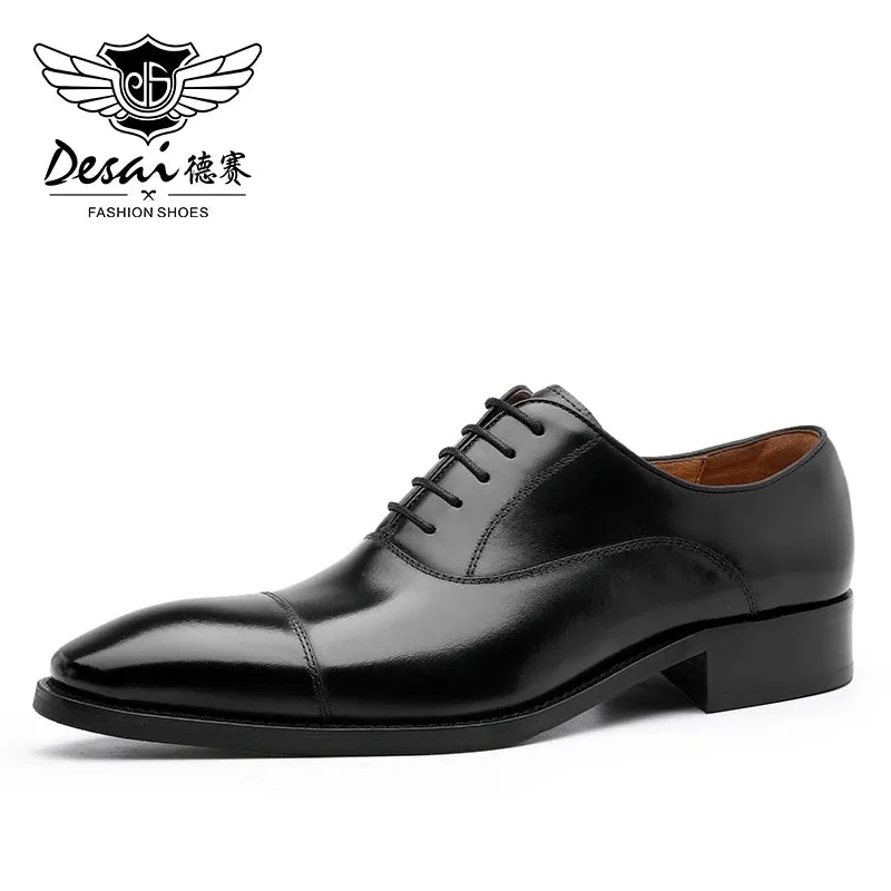 Waterproof Slip On Walking Shoes DESAI cap toe Handmade Men's Shoes Business Dress Leather Shoes Men's Pointed Oxford Raised Leather  Shoe
