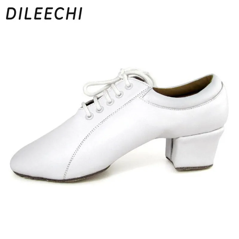 DILEECHI White Genuine leather men's Latin dance shoes Ballroom dancing shoes Salsa Party Wedding shoes sneakers 4.5cm Bt Feather Badminton Shoes