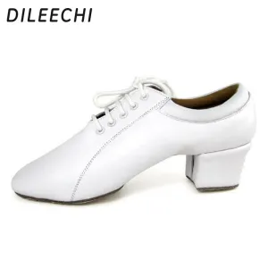 Alternative Badminton Shoes DILEECHI White Genuine leather men's Latin dance shoes Ballroom dancing shoes Salsa Party Wedding shoes sneakers 4.5cm
