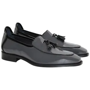 2024 Most Comfortable Golf Duca Fano Grey/Black Genuine Italian Patent Leather Tassel Loafer Shoes