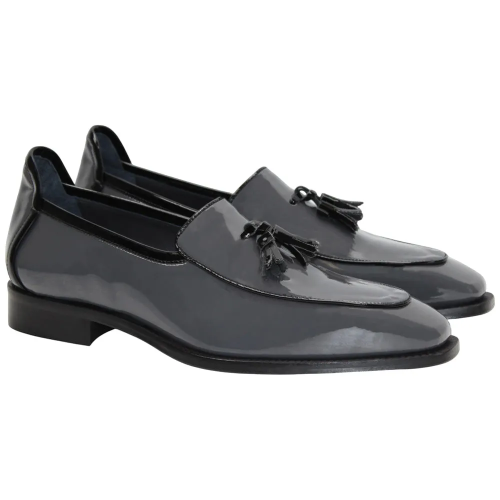 Duca Fano Grey/Black Genuine Italian Patent Leather Tassel Loafer Shoes Malbon Golf Shoe Golf
