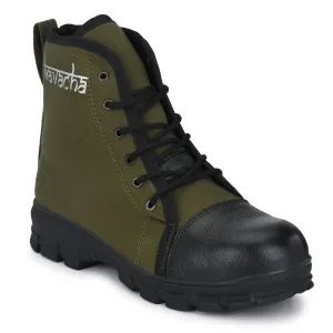 High Heel Running Shoes Kavacha Canvas & Leather Steel Toe Safety Shoe , S66 Boots For Men (Green) (Sale@349)
