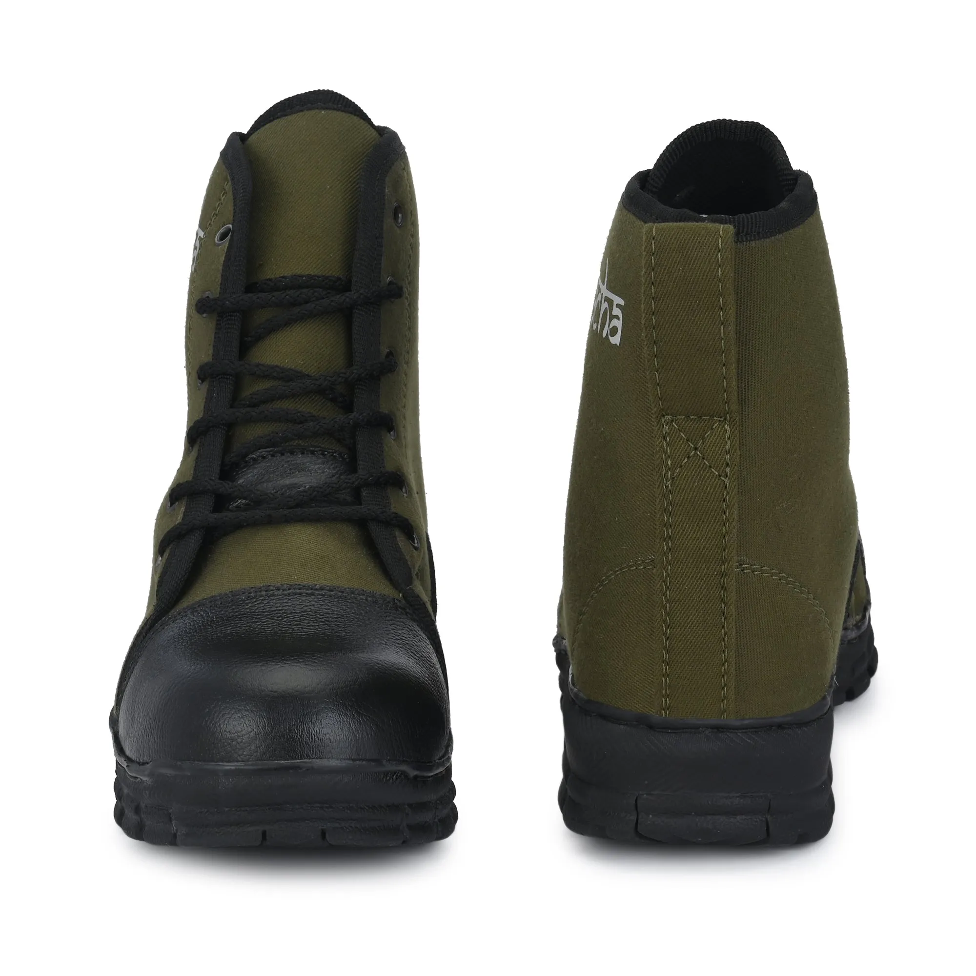 Running Wild Shoes Kavacha Canvas & Leather Steel Toe Safety Shoe , S66 Boots For Men (Green) (Sale@349)