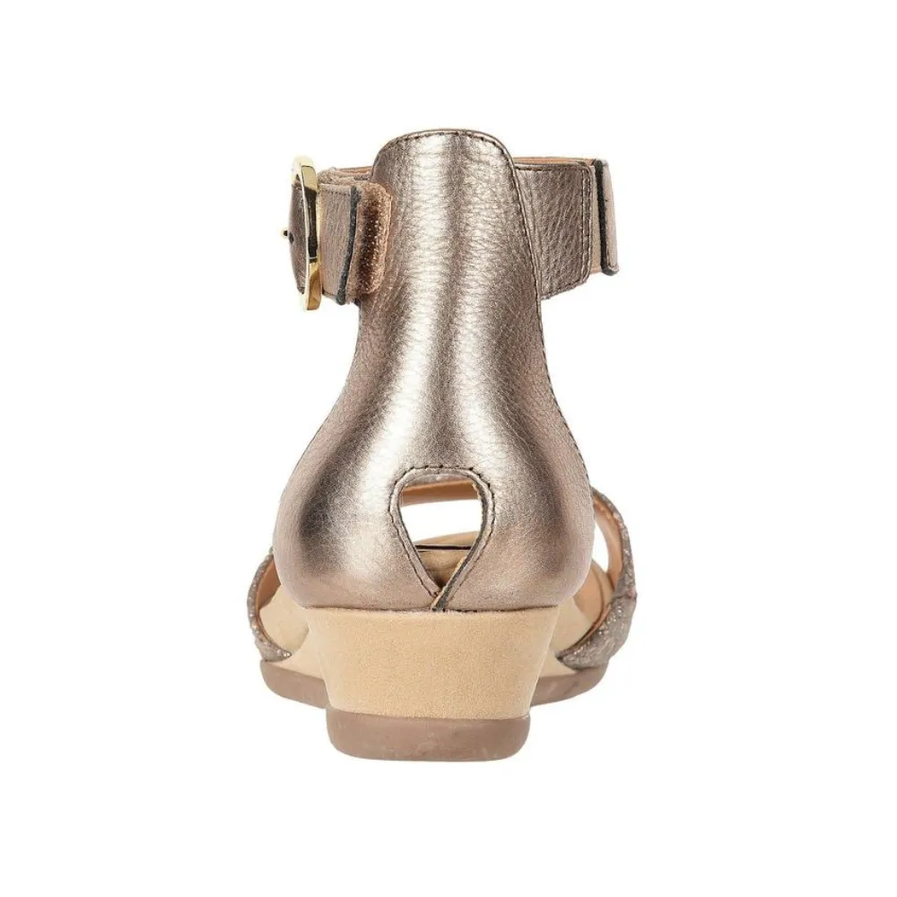 Shearling Sandals Earth Womens Hera  Printed Leather Wedge Sandals Champagne