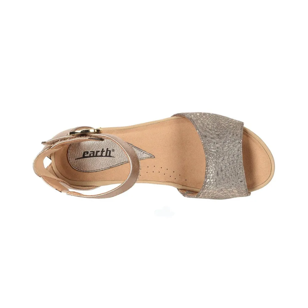 Earth Womens Hera  Printed Leather Wedge Sandals Champagne Sandals Tie Ankle