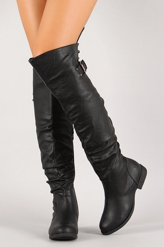 High Heel Boo Lace Up Buckled Back Collar Slouchy Over-The-Knee Boot