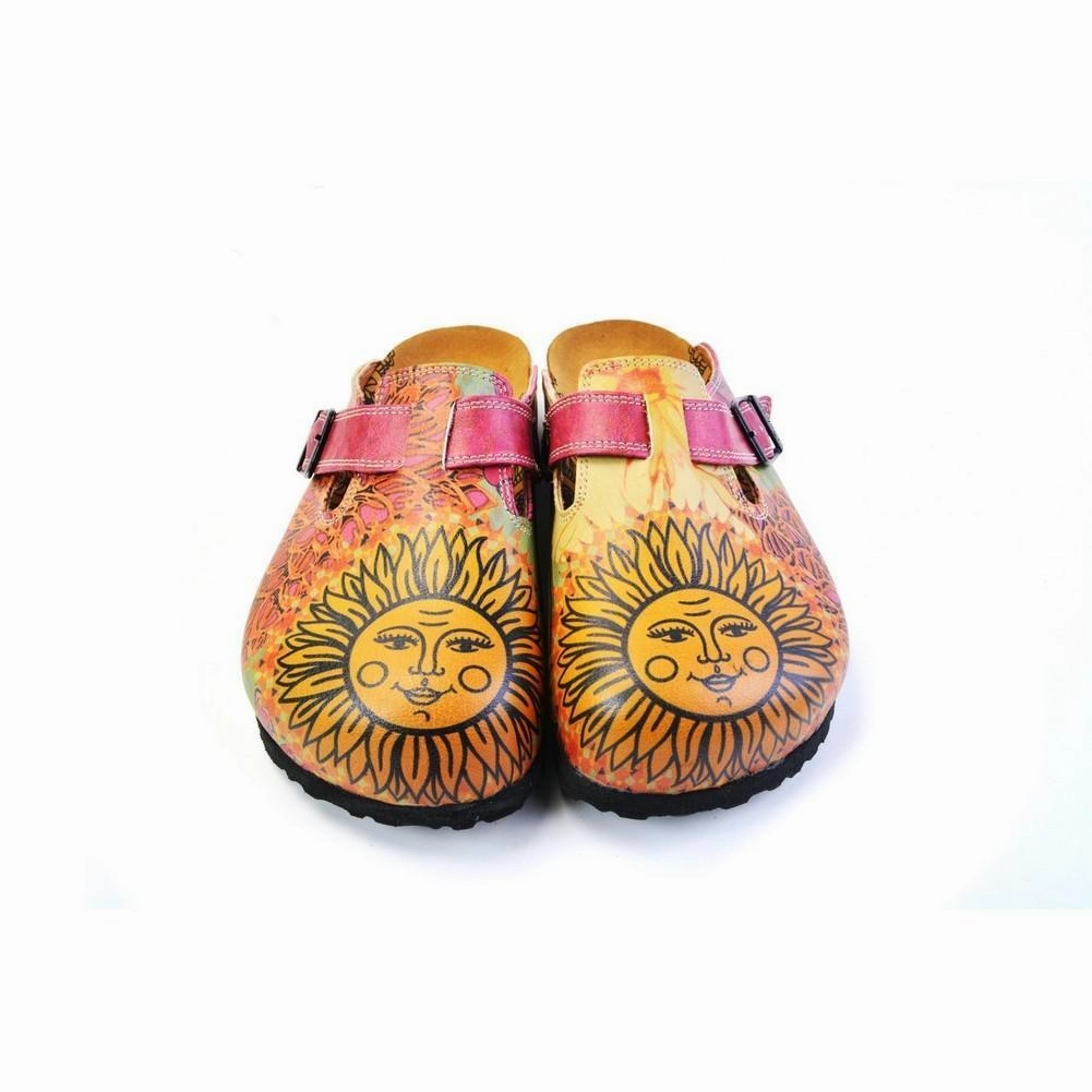 Orange, Purple, Yellow Flowers and Yellow Sun Patterned Clogs - CAL368 High Heels For With Bunions