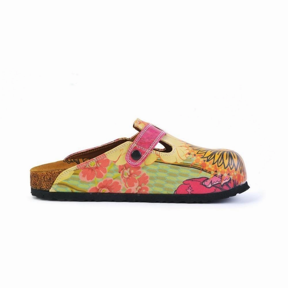 Orange, Purple, Yellow Flowers and Yellow Sun Patterned Clogs - CAL368 High Heels Long Legs