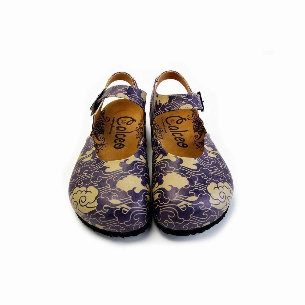 Dark Blue and Cream Windy Clouds Patterned Clogs - CAL1602 High Heels From Italy