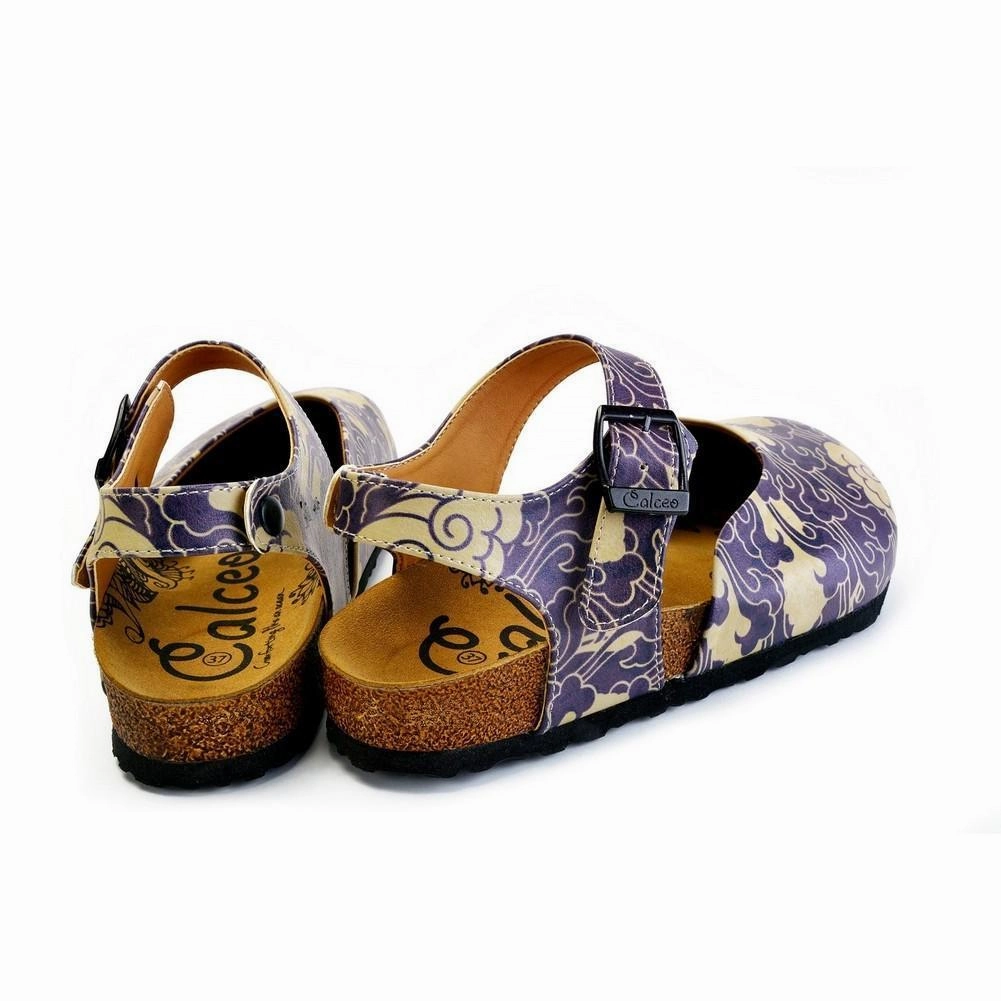 High Heel Butterfly Shoes Dark Blue and Cream Windy Clouds Patterned Clogs - CAL1602