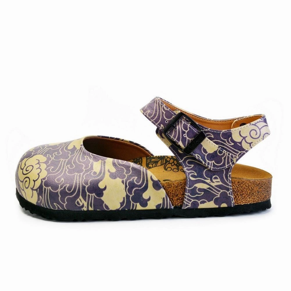 High Heel Shoes With Bows Dark Blue and Cream Windy Clouds Patterned Clogs - CAL1602
