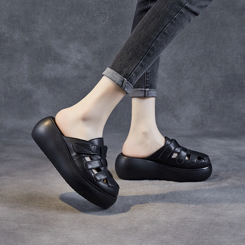 Women Retro Hollow Plaited Leather Wedge Slides Thigh Highs With Heels